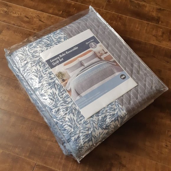 New Boho Blue & Grey 3 PC Bedding 100% Polyester Quilt Set • Reversible • QUEEN - Picture 8 of 9